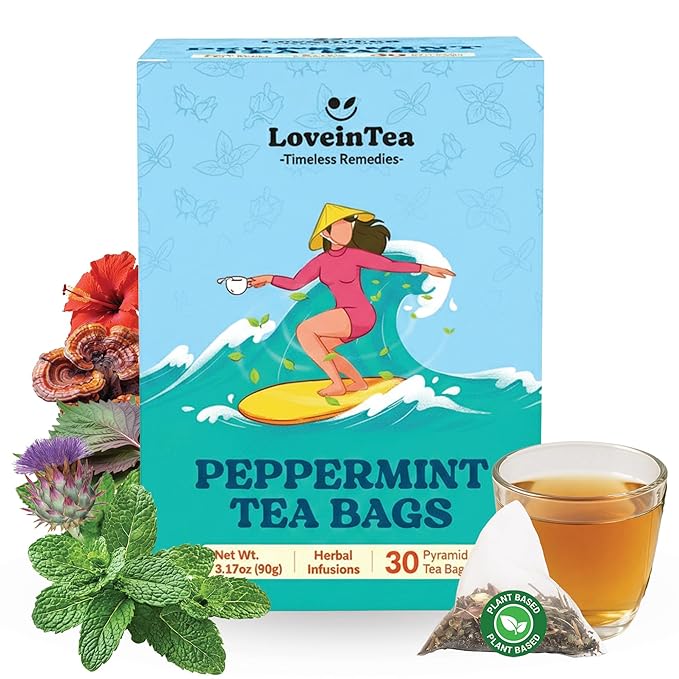 LoveinTea Peppermint Herbal Tea Bags, Caffeine-Free, 100% Natural Vietnamese Peppermint Blend, Plant-Based Pyramid Bags, 30 Count