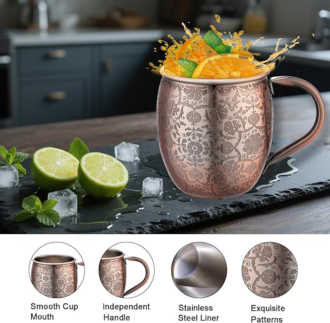 Moscow Mule Mugs - 18 Oz Copper-Plated Fine Craftsmanship Etched Mugs,304 Stainless Steel-Lined Mule Cups,For Cold Drinks, Beer, Wine, Bars, Parties