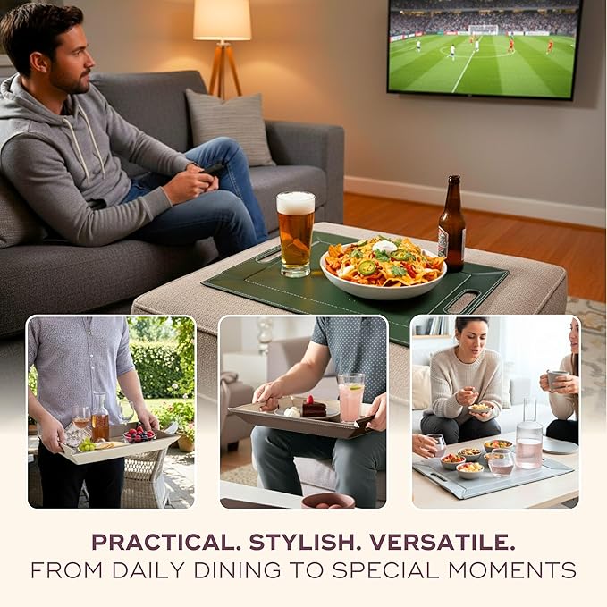 PLACEsMAT 2-in-1 Faux Leather Placemat & Serving Tray | Reversible Design, Lays Flat & Easy to Clean | Ottoman Food Tray, Perfect Housewarming Gift, 18” x 14” (Grey & Black, Single)