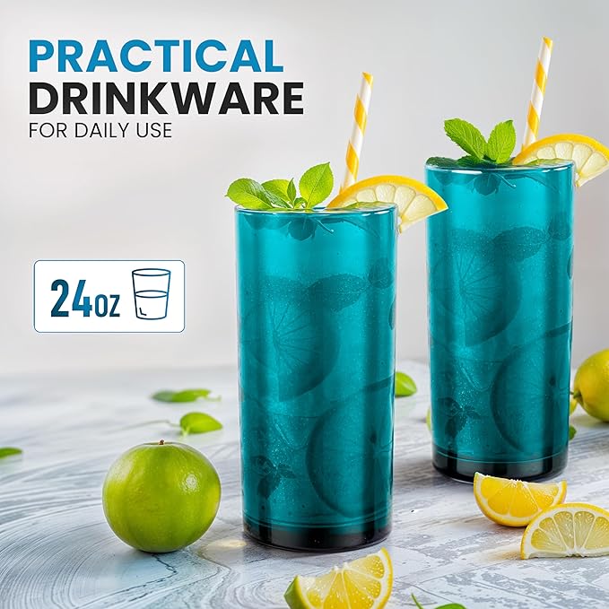 Zulay Kitchen Acrylic Glasses Drinkware - 6 Piece Unbreakable Plastic Tumblers - BPA-Free, Reusable Plastic Drinking Glasses for Home & Outdoors - Lead-Free & Dishwasher Safe - Turquoise - (24oz)