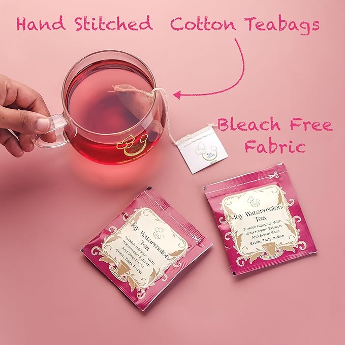 THE VEDAS Icy Watermelon Tea | Herbal Tea with Hibiscus & Sweet Basil - Caffeine Free Herbal Tea - Enjoy Hot or Iced | Biodegradable Cotton Teabags | 20 Tea Bags (Pack of 1)