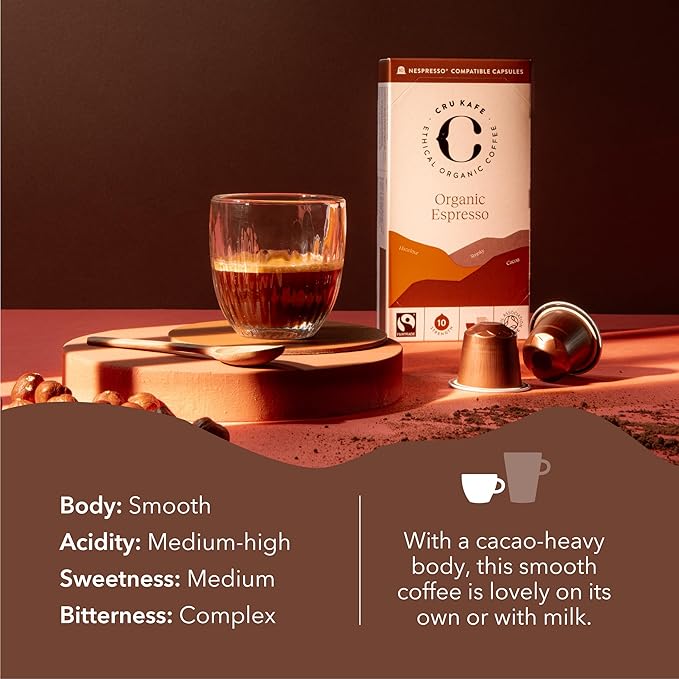 Cru Kafe Strong Espresso USDA Organic Espresso Coffee Capsules (10 Pods) Fairtrade Coffee Pods Compatible with Nespresso Original Line and Pixie Machines