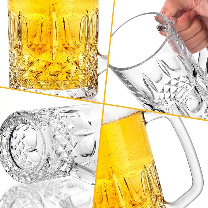 Beer Mug Set of 2, 22oz Crystal Beer Glasses with Handle, Glass Beer Mugs for Freezer, Gifts for Men