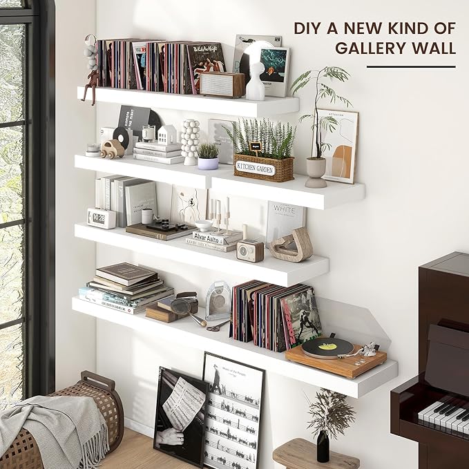 Floating Shelves for Wall, Engineered Wood Wall Shelves with Invisible Brackets for Living Room Bedroom Bathroom Office Kitchen Decor and Storage (White, 55" W x 9" D x 1.5" H) Set of 1