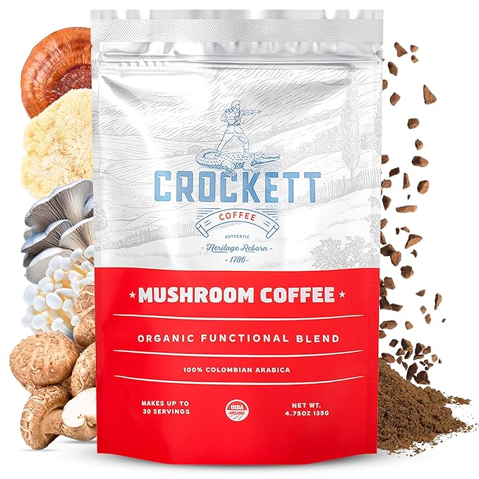 Crockett Coffee Organic Mushroom Coffee with MCT Oil | Antioxidant Rich Functional Blend of 7 Organic Mushrooms for Clear Focus, Gut Health & Clean Energy | Bold American Made Flavor, 30 Servings