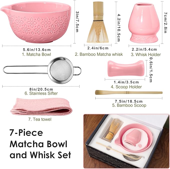 Matcha Whisk Set Matcha Kit - 7 Pcs Japanese Tea Set Includes Matcha Bowl with Spout,Bamboo Whisk with Ceramic Holder,Bamboo Scoop and Rest,Sifter,Tea Towel, for Ceremony Matcha Lovers Gift,Pink
