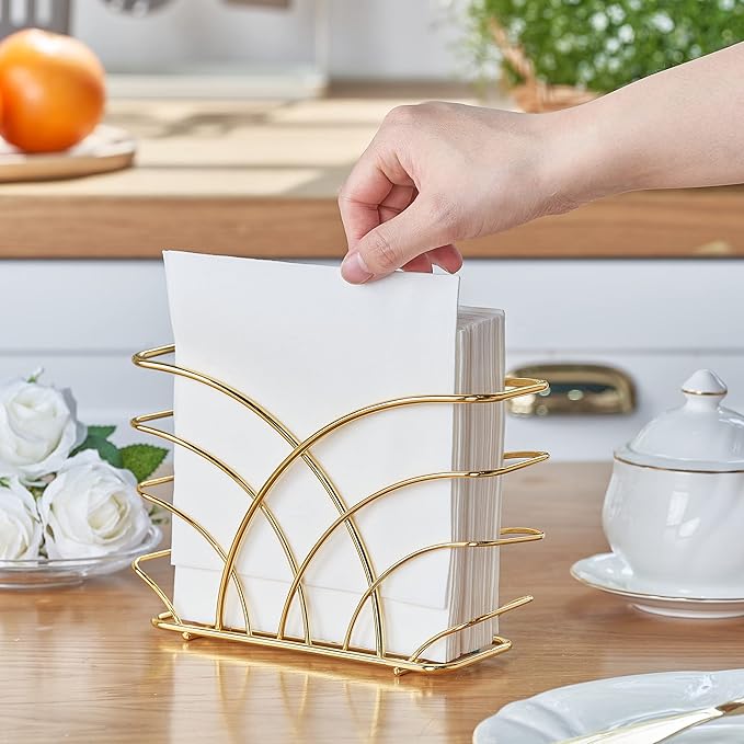 Napkin Holder for Table – Gold Iron Upright Napkin Dispenser for Paper Napkins, Napkin Dispenser for Kitchen Dining, Cocktail Picnic Bar Modern Kitchen and Dining Decor, Servilletero