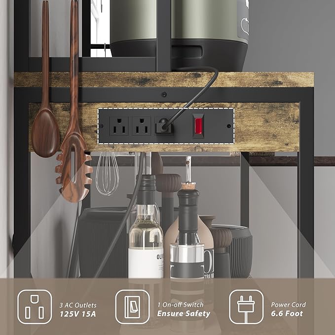 JUMMICO Backers Rack with Power Outlet, 39.4" W Kitchen Microwave Stand with 8 S-Shaped Hooks, 5 Tiers Coffee Bar Station Storage Shelf for Spices, Pots, Rustic Brown
