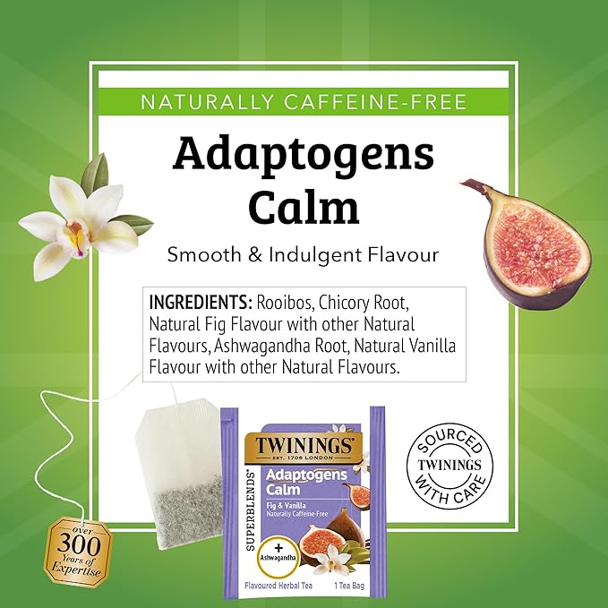 Twinings Superblends Adaptogens Calm with Ashwagandha Fig & Vanilla Flavoured Herbal Tea, Naturally Caffeine-Free, 18 Tea Bags (Pack of 6), Enjoy Hot or Iced, 108 Teabags