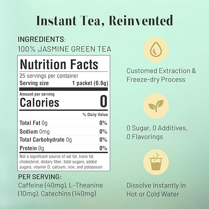 CHAYEAH, Craft Instant Jasmine Tea, Unsweetened Jasmine Green Tea Powder for Quick Hot & Cold Beverages, 100% Natural On-the-Go Premium Tea Crystals, Caffeinated (25 Single Serve Packets)