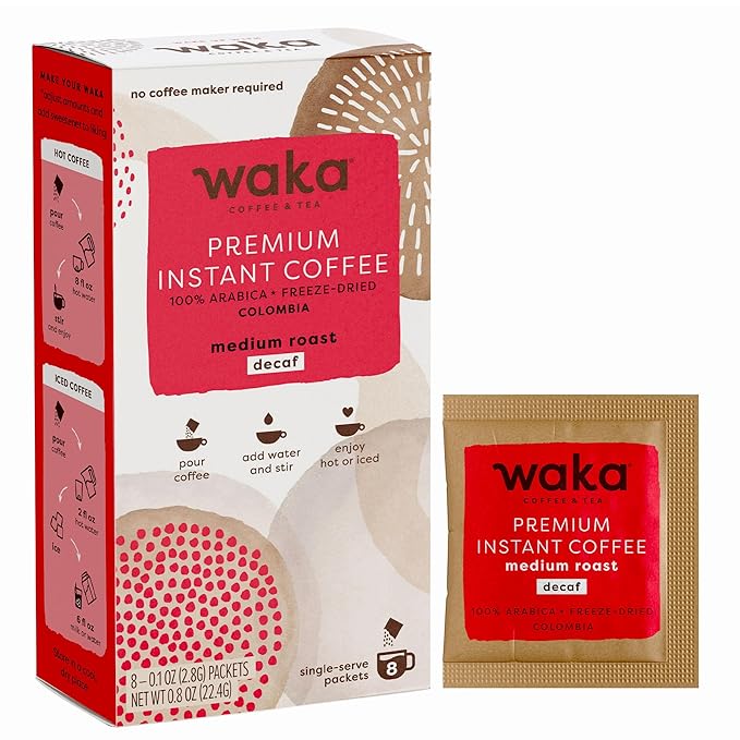 Waka Premium Decaf Instant Coffee Sachets — 100% Arabica Freeze Dried Beans — For Hot or Iced Coffee (8 Count, Decaf Medium Roast)