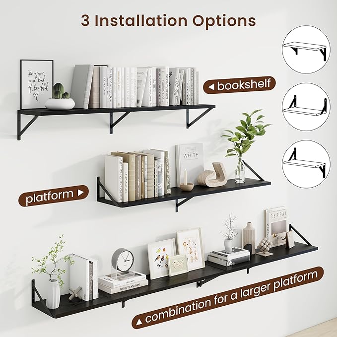 Axeman Black Floating Shelves for Wall - 48 Inch Wide x 10 Inch Deep Floating Shelves Set of 2 -Black Wide Wall Shelves for Living Room Bathroom Bedroom