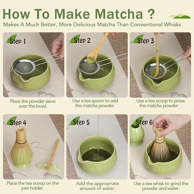 Matcha Whisk Set, Ceramic Bowl with Spout, Bamboo Matcha Whisk & Spoon, Chasen Holder, Scoop Rest, Sifter, 8-Pcs Japanese Ceremony Matcha Powder Kit–Christmas Gift for Women-Matcha Green