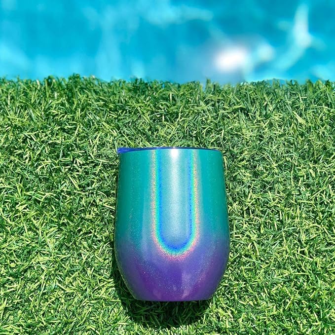 CHILLOUT LIFE 12 oz Stainless Steel Wine Tumblers 2 Pack - Double Wall Vacuum Insulated Wine Glasses Cups with Lids and Straws Set Keeping Cold & Hot for Coffee, Beer, Ice Cream - Mermaid Sparkle