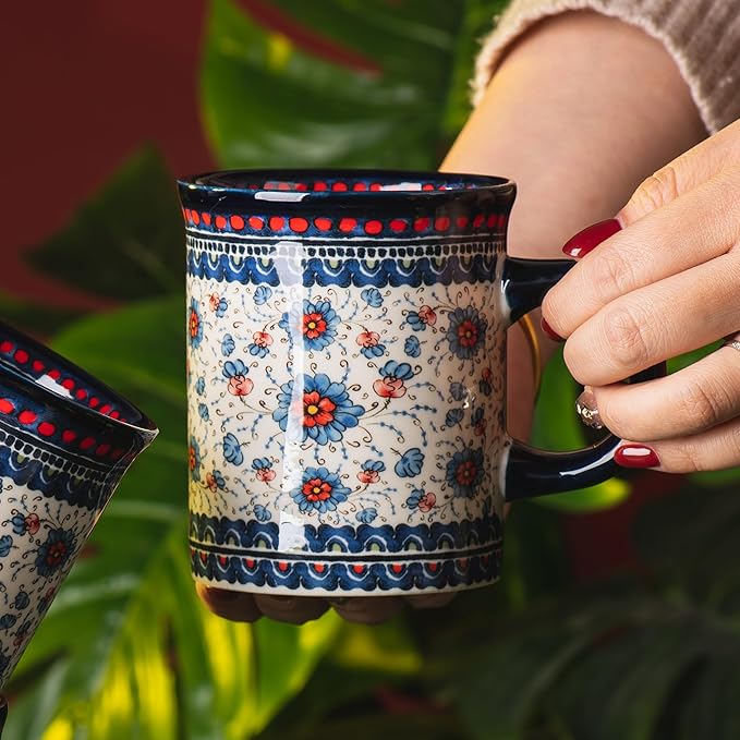 Ceramic Latte Mug Set of 4, 15.5oz Hand Painted Porcelain Coffee Cups With Handle for Tea/Milk/Cocoa - Modern Retro Design For Any Kitchen. Microwave and Dishwash Safe (Blue plasma grass)