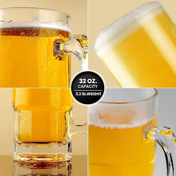 34fl.oz/1L Large Heavy Glass Beer Mug Set of 2 with Handle