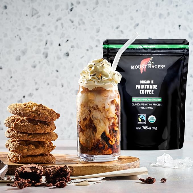 Mount Hagen 7.05oz Organic Freeze Dried Instant Decaf Coffee - 2 Pack | Organic Medium Roast Arabica Beans | Fair-Trade, Eco-friendly in Resealable Pouch Bag [2x7.05oz]