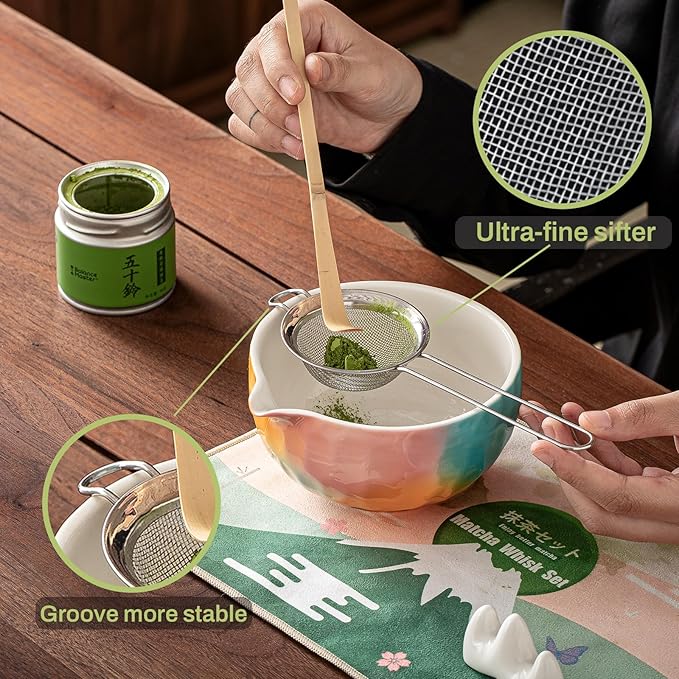 Clay&Fire Matcha Whisk Set，9 Pcs Ceramic Matcha Set, 15 OZ Matcha Bowl with Spout and Whisk，Matcha Kit for Friend, Ideal Gift for Matcha Lover（Sugar）