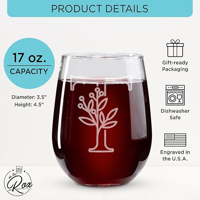 On The Rox Drinks Monogrammed Gifts For Women and Men - Letter A-Z Initial Engraved Monogram Stemless Wine Glass - 17 Oz Personalized Wine Gifts For Women and Men (T)