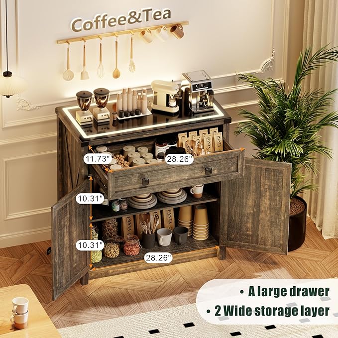 FREDEES Buffet Sideboard with Storage,Farmhouse Coffee Bar Cabinet with Drawers and Shelves,Buffet Cabinet with LED Lights for Kitchen,Living Room,Dinning,Brown