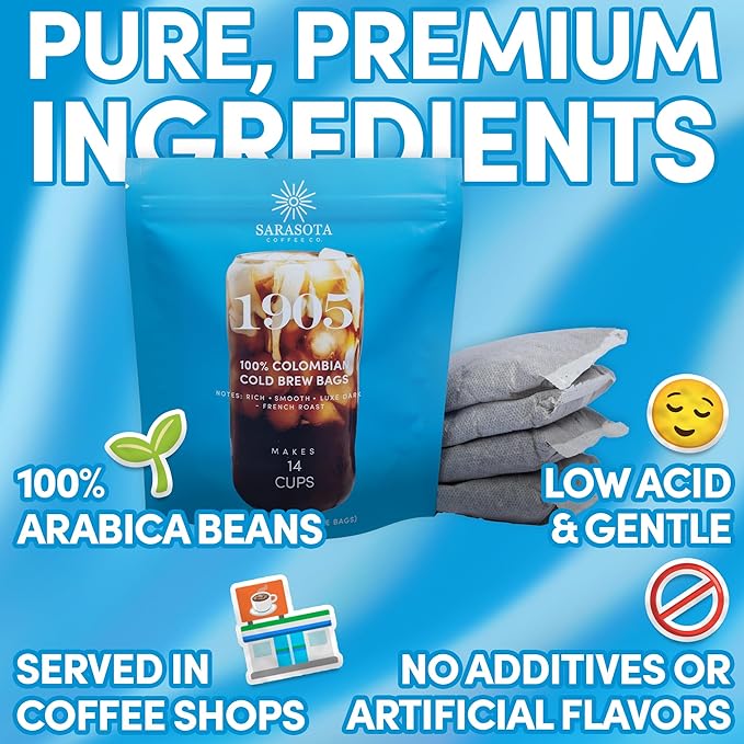 Sarasota Coffee 1905 Cold Brew Coffee Bags | 100% Colombian Dark French Roast | Rich & Smooth | Low Acid Ground Filter Packs | Cold Brew Kit Makes 14 Cups | Bold Luxe Roast Flavor
