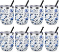 12 oz Insulated Wine Tumbler with Lid and Straw,Stainless Steel Stemless Wine Tumbler Glasses Double Wall Vacuum Wine Cups Tumbler Bulk for Coffee,Cocktail,Office (Blue and White Porcelain,8)