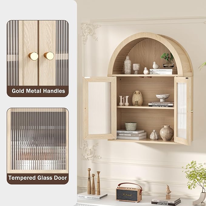 Arched Bathroom Cabinet, Wall Mounted Bathroom Cabinet with Tempered Glass Doors and Adjustable Shelf, for Kitchen, Living Room, Laundry Room, Restroom, Oak