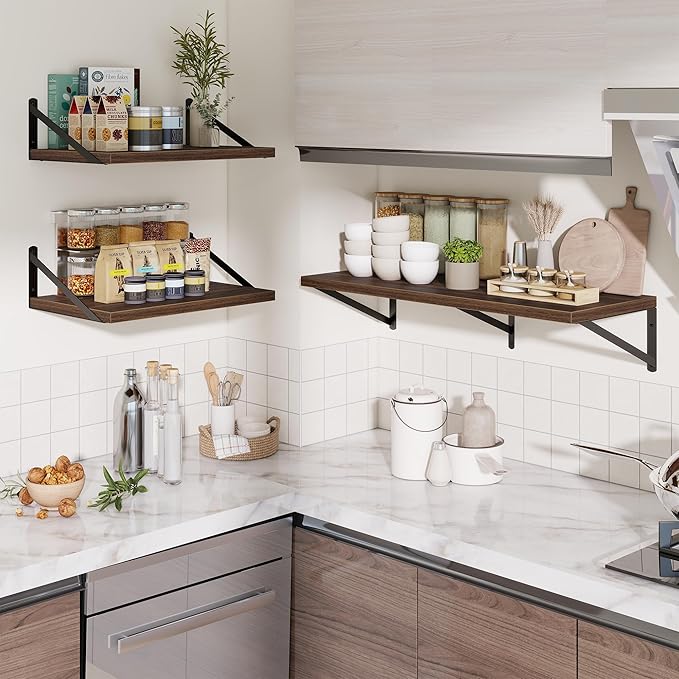 Deep Wall Shelves 36"W x 12"D Engineered Wood Floating Shelves for Wall, Sturdy Metal Bracket Bookshelves Home Decor Storage for Living Room Bedroom Bathroom Kitchen, Set of 2, Walnut Finish