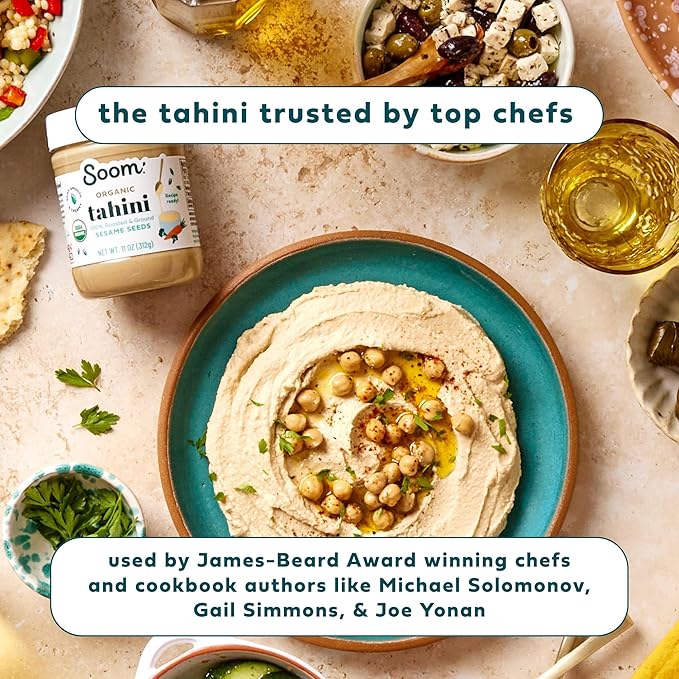 Soom Foods Organic Tahini 11oz (2 Pack) | Roasted & Ground Sesame Seed Paste | Creamy Tahini for Dubai Chocolate, Hummus, Sauces | Vegan, Nut-Free, Gluten-Free, Kosher, Keto, Paleo, Whole30