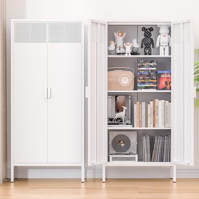 Metal Storage Cabinet with 2 Doors and 3 Adjustable Shelve,61" White Kitchen Pantry Storage,Office Steel Cabinets Locker for Kitchen,Living Room,Dining Room,Home,Office