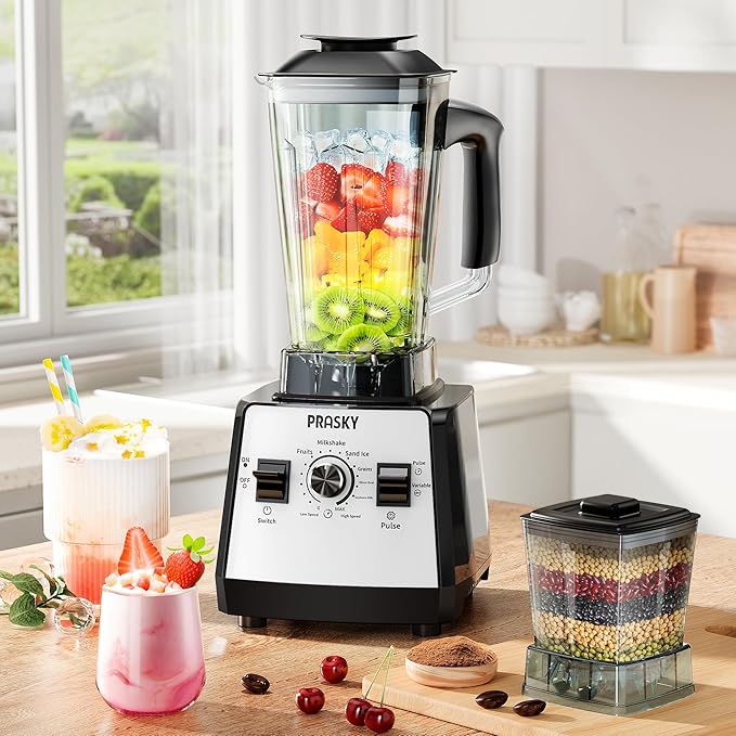 Blenders for Kitchen, Smoothie Blender, 2400W/1000W Prasky Blender & Grinder Combo, 25,000 RPM High Speed, 68oz BPA-Free Food Processor, Countertop Blender for Smoothies, Shakes & Food (White, 2L)