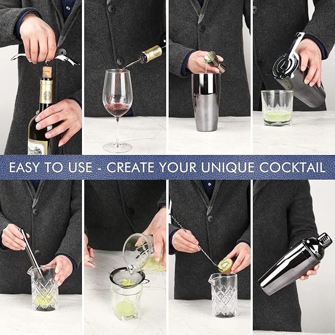 11Pcs-Cocktail Shaker Set Black Bartending Kit 25oz Cocktail Bar Set Cocktail Mix Drink Making Kit Professional Bar and Home Drink Bar Tools for Bartender（Gun-Metal Black）