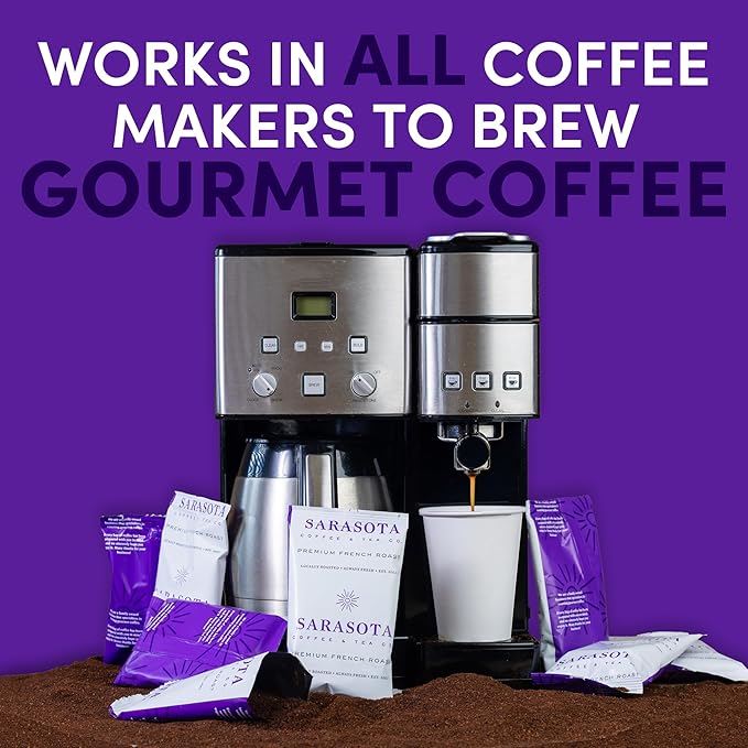 Dark French Roast Packets – 2oz Pre-Measured Ground, Cubano European Style, Low Acid Mold-Free Singles for 12-Cup Drip Makers | 12 Count by Sarasota Coffee