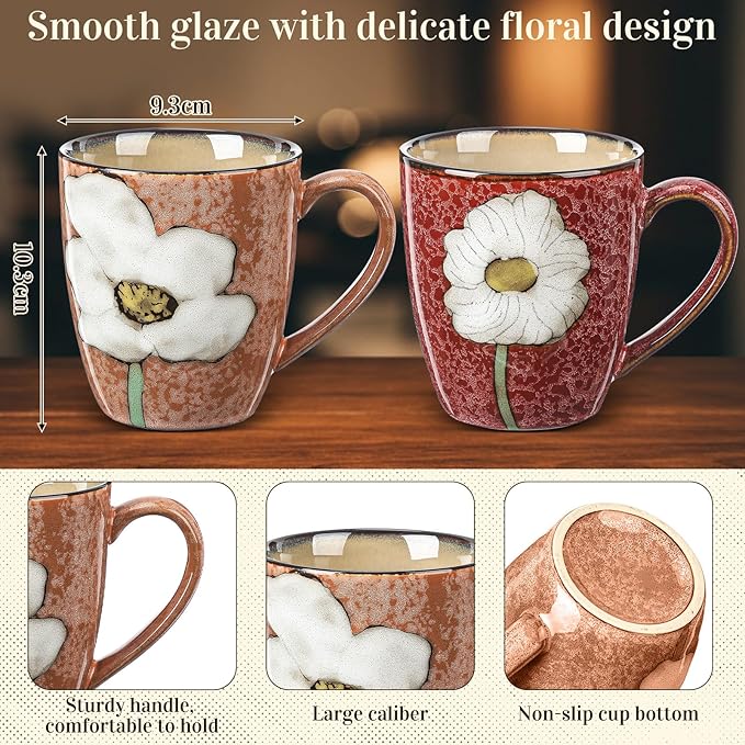 Maxdot 2 Pcs 12oz Ceramic Coffee Mugs Sets Glazing Process Cappuccino Mug Floral Ceramic Tea Cups Christmas Housewarming Idea Gift for Women Porcelain Cup for Coffee, Cocoa, Tea, Latte (Vintage)