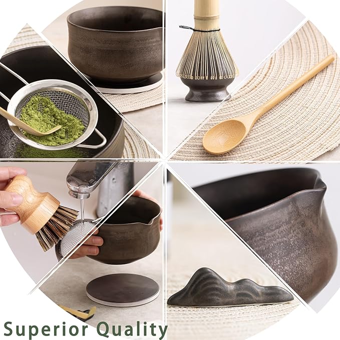 Matcha Whisk Set, Matcha Bowl with Spout and Coaster, Matcha Whisk and Holder, Sifter, Scoop, Spoon, Cleaning Brush - 10 Pcs Complete Ceramic Matcha Kit