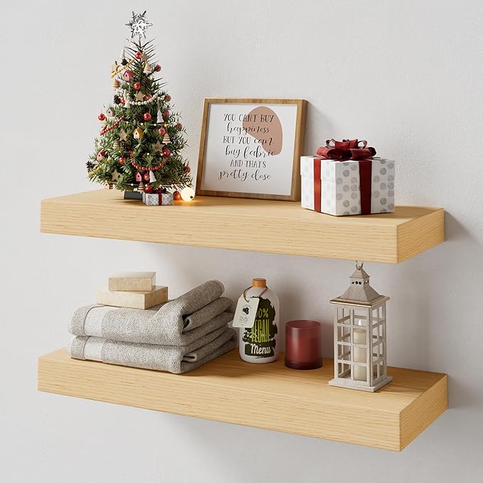 White Oak Floating Shelves, 2 Inch Thick Sturdy Wood Floating Shelves for Wall, 8 Inch Deep Shelves Over Toilet, 16 x 8 Wall Shelves for Kitchen Living Room Bathroom, 50LBS Capacity, 2-Piece