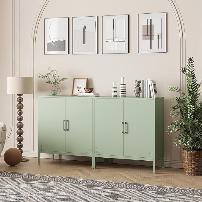 Metal Storage Cabinet with Adjustable Shelves, Steel Buffet Sideboard for Entryway, Living Room, Dining Room, Kitchen, Office, Bar (Green, 31.5" D x 15.75" W x 35.43" H)