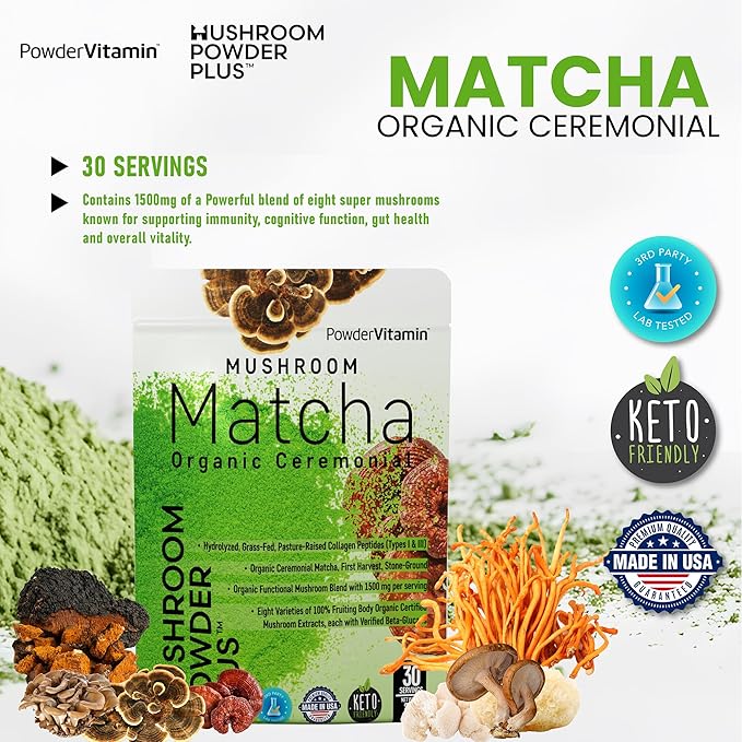 PowderVitamin Organic Ceremonial Mushroom Matcha Certified Pesticide-Free Grass-Fed Collagen Types I & III 8 Fruiting Body Mushrooms Tested for Beta-Glucans Focus Digestion & Immunity 30 Servings