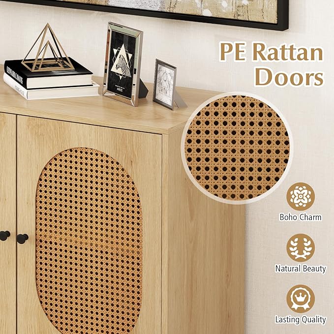 Giantex Rattan Sideboard Buffet Cabinet with Storage, Boho Sideboard with Doors & Adjustable Shelf, Small Accent Buffet Storage Cabinet with Metal Legs for Kitchen, Living Room, Entryway, Natural