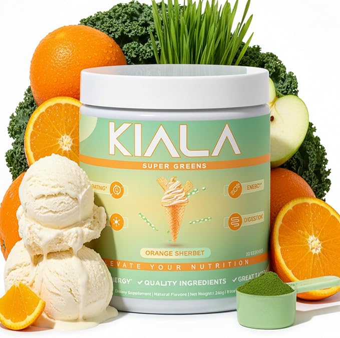 Kiala Nutrition Super Greens, Organic Greens Powder with Spirulina & Chlorella for Digestion, Gut Health, Immunity, Energy, Gluten Free, Vegan, Sugar Free, Spectra Blend, Orange Sherbet, 30 Servings