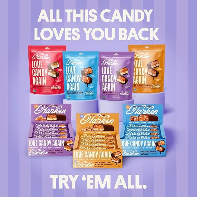 Harken Sweets The Crunchy One, Oat Milk Chocolate Candy Bars with Pretzels and Date Caramel, Sweetened with Dates and No Sugar Added, High Fiber, Nut-Free, Gluten-Free, Plant-Based, 12 Bars