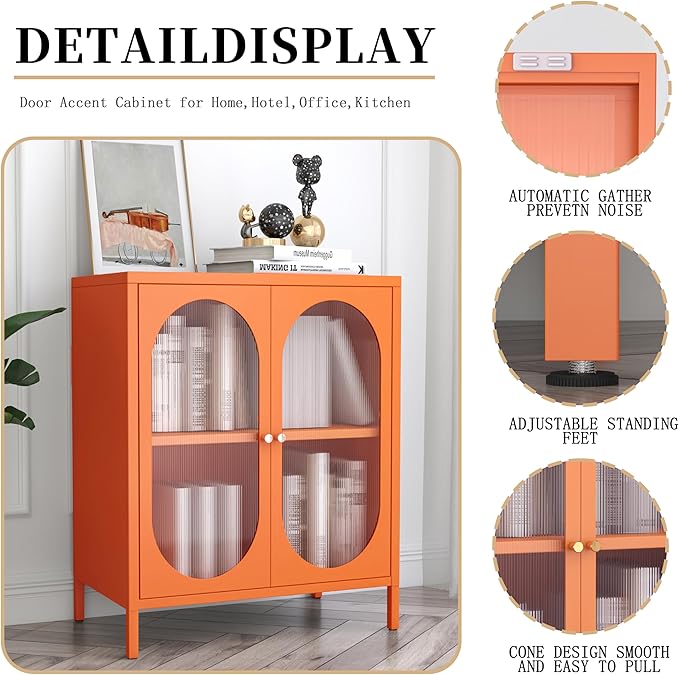 Small 2 Transparent Door Metal Storage Side Buffet Cabinet for Bed Room,Living Room,Entryway,Hallway,Home,Hotel,Office,Garage,Kitchen,1 Removable Shelf. (Transparent Door, Orange)