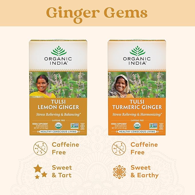Organic India Tulsi Lemon Ginger Tea Bags - Herbal Tea, Stress Relieving & Reviving, Immune Support, Aids Digestion, Vegan, USDA Certified Organic, Non-GMO, Caffeine-Free - 18 Infusion Bags, 6 Pack