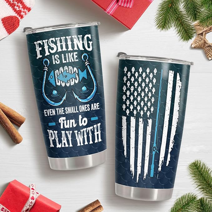 34HD Bass Fishing Tumbler with Lid, 20 oz Stainless Steel Vacuum Insulated Amerian Flag Mug, Cool Fishing Gifts for Men, Fisherman Gifts for Birthday Fathers Day Christmas