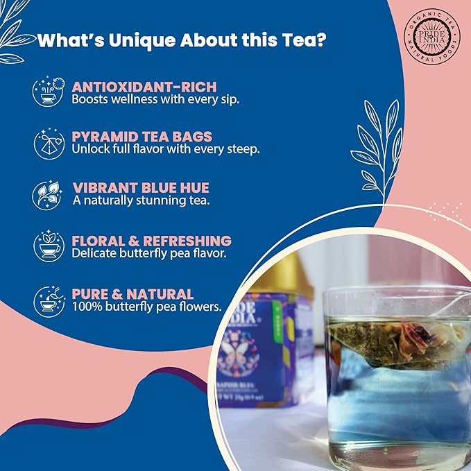 Pride of India | Blue Sapphire: Butterfly Pea Flower Tea 1 oz (28.3 gm) | 100% Pure Butterfly Pea Flower | Mild, Earthy Flavor & Subtle Floral Flavor | Premium Pyramid Nylon Tea Bags