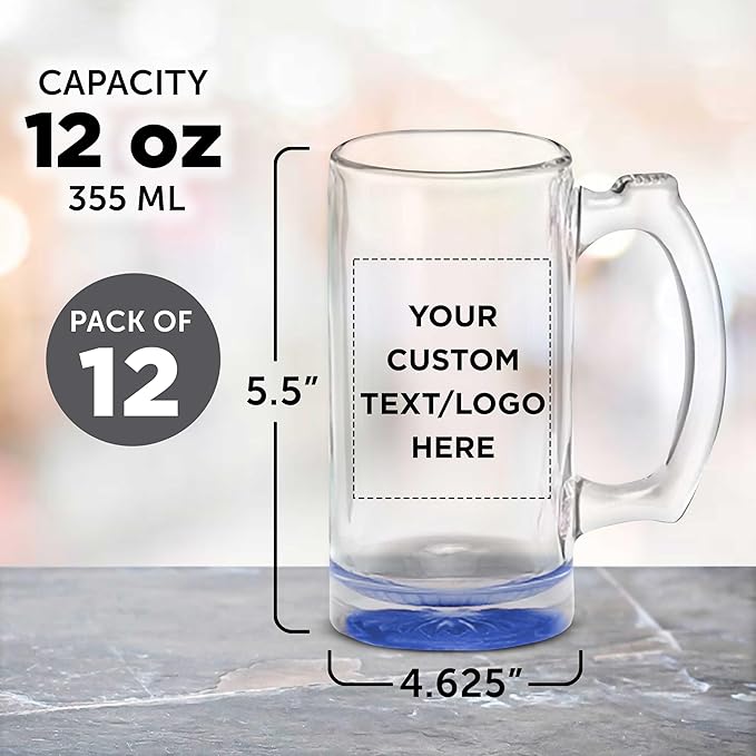 12 Libbey Beer Mugs Set, 12 oz. - Customizable Text, Logo - Groomsmen Glassware - Blue