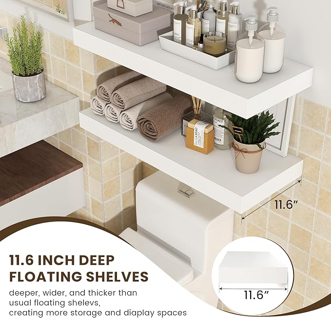 30 Inch Floating Shelves | 12 Inch Deep White Floating Shelves Set of 2 | 30" W x 12" D Rustic Wood Shelves for Wall | Deep White Shelves for Living Room Bathroom Laundry Room Kitchen