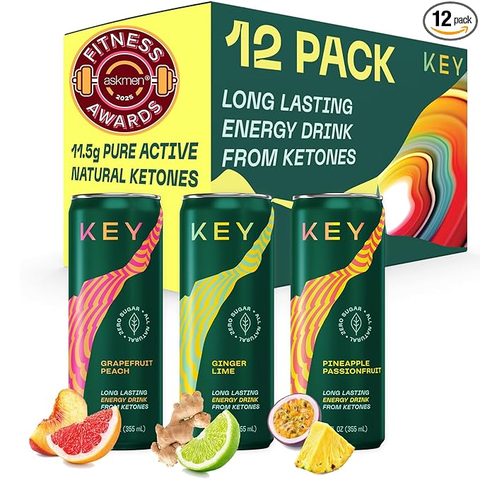 KEY Ketone Drink - Ketones for Energy & Focus, Sugar Free & Low Caffeine from Green Tea with L-Theanine, No Crash or Jitters, All Natural, Lightly Carbonated, Variety Pack (Pack of 12)