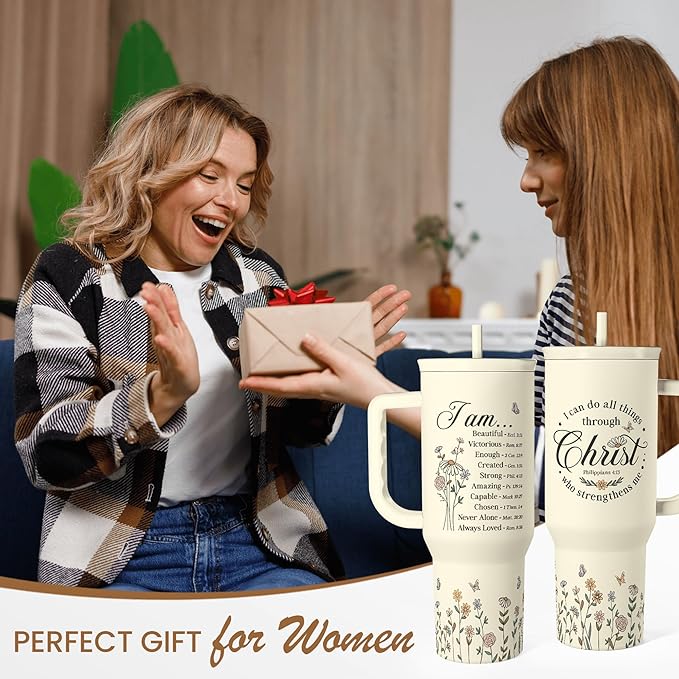 Christian Tumbler with Handle 40oz, Inspirational Gifts for Her, Religious Gift for Women Girl, Stainless Steel Insulated Coffee Travel Cup, Inspiration Gift for Christmas Birthday Mothers Day