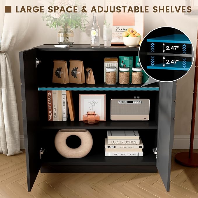 LVSOMT Sideboard Buffet Cabinet with Storage, Modern Accent Credenza with Doors and Adjustable Shelve, 33" Wood Coffee Bar Cabinet for Kitchen, Entryway, Dining Room, High Gloss Black